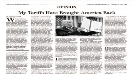 ترامب: “تعريفاتي الجمركية أعادت أمريكا إلى سابق عهدها” – عنوان مقال له في WSJ